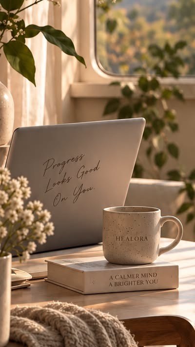 A sunlit desk by a window with a laptop, a Healora mug and a book — the kind of quiet corner an online session happens in.